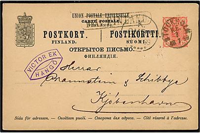 10 pen. helsagsbrevkort fra Hangö d. 5.7.1889 annulleret med svensk stempel Stockholm K.E. d. 7.7.1889 og sidestemplet Från Finland til København, Danmark.