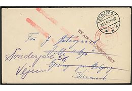 Luftpostbrev fra dansk sømand ombord på M/S Highland Chieftain med rødt stempel Postage Paid / Hong Kong d. 7.2.1946 og liniestempel By Air to London only til Esbjerg, Danmark - omadresseret i Esbjerg d. 23.2.1946 til vejen.