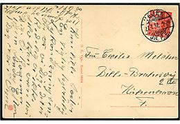 15 øre Karavel på brevkort annulleret med vanskeligt brotype Ic Vejen JB.P.E. d. 21.7.1932 til København.