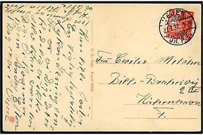 15 øre Karavel på brevkort annulleret med vanskeligt brotype Ic Vejen JB.P.E. d. 21.7.1932 til København.