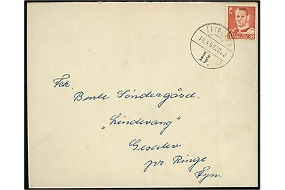 30 øre Fr. IX på brev annulleret med brotype Vd Åkirkeby B. sn1 d. 14.4.1957 til Gestelev pr. Ringe.