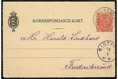 8 øre helsags korrespondancekort fra Ølstykke Brugsforening annulleret med lapidar Frederikssund d. 18.1.1889 og sidestemplet med violet lapidar VI Ølstykke d. 18.1.1889 til Frederikssund.