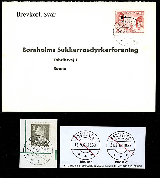 60+10 øre Børnesagen i Grønland på svar-brevkort annulleret med sjældent brotype IId-2 Bodilsker d. 24.9.1968 til Rønne. Indtil 2006 kun registreret som gravøraftryk. Medfølger klip med brotype IId-1 Bodilsker d. 4.6.1965 til sammenligning. 