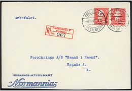 20 øre Chr. X i parstykke på lokalt anbefalet brev annulleret med brotype IId København V. Vesterport d. 8.10.1943. Kuvert afkortet i bunden.