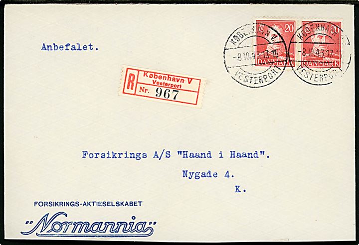 20 øre Chr. X i parstykke på lokalt anbefalet brev annulleret med brotype IId København V. Vesterport d. 8.10.1943. Kuvert afkortet i bunden.