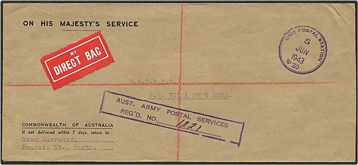 Rec. militær brev, By Direct Bag, fra Australien d. 5.6.1943.