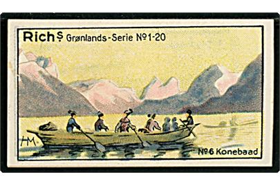 Harald Moltke: Konebaad No. 6. Rich's Grønlands-serie No. 1-20 med gengivelse af malerier fra den danske litterære Grønlands-Ekspedition 1902-1904. Samlemærke 3½x6 cm. 