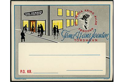 Færøerne, Tórshavn, Firma Hans Joensen. Selvklæbende illustreret adresselabel. F. E. Bording A/S No. P.M.897.