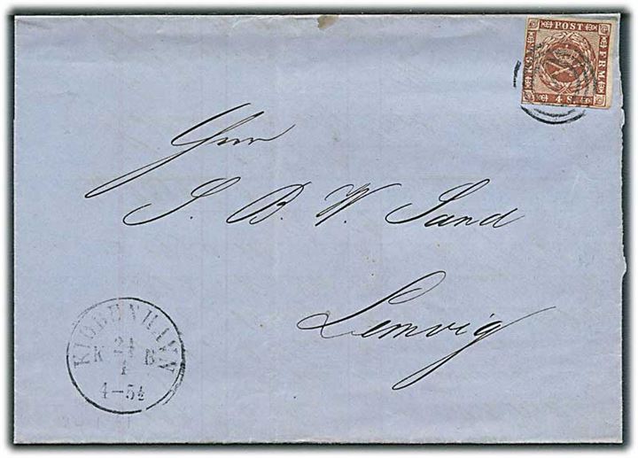 4 sk. 1858 udg. på brev annulleret med nr.stempel W1 og sidestemplet antiqua Kiøbenhavn KB d. 24.1.1861 via Ribe til Lemvig. Interessant forsendelsesvej.