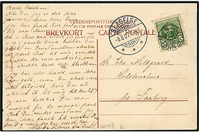5 øre Fr. VIII på brevkort annulleret med stjernestempel GYLDENHOLM og sidestemplet Slagelse d. 8.8.1907 til Holstenshus pr. Faaborg.