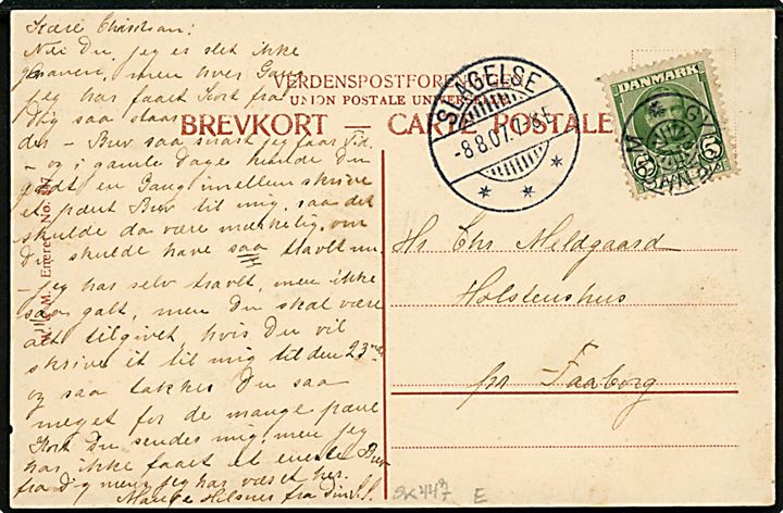 5 øre Fr. VIII på brevkort annulleret med stjernestempel GYLDENHOLM og sidestemplet Slagelse d. 8.8.1907 til Holstenshus pr. Faaborg.