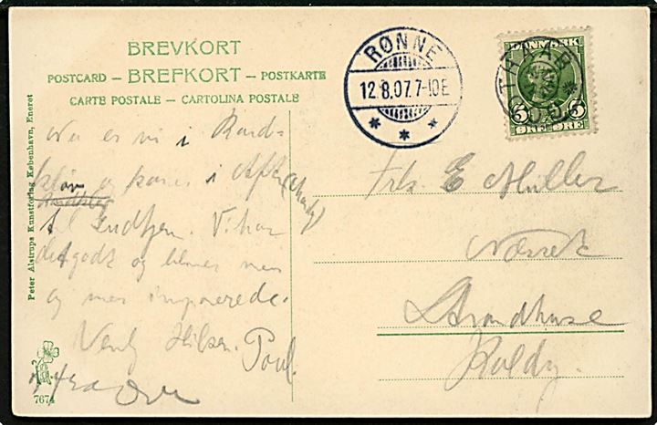 5 øre Fr. VIII på brevkort annulleret med stjernestempel GODTHAAB og sidestemplet Rønne d. 12.8.1907 til Strandhuse pr. Kolding.