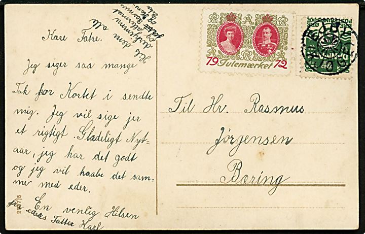 5 øre Bølgelinie og Julemærke 1912 på julekort annulleret med stjernestempel EJBY (KJØGE) til Bæring.
