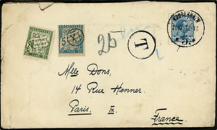 20 øre Chr. X single på underfrankeret brev fra Kjøbenhavn *5.* d. 21.10.1919 til Paris, Frankrig. Sort T-strempel og påsat fransk 5 c. og 20 c. Portomærke annulleret med stempel XI.