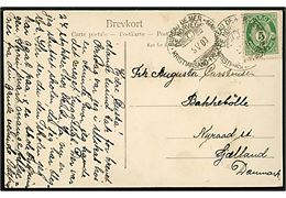 5 øre Posthorn på brevkort (Christiansand, Teknisk skole) annulleret med norsk sejlende bureaustempel Bureau de Mer de Norvege / C / Kristiansand-Frederikshavn d. 9.5.1908 til Nyraad, Danmark. 