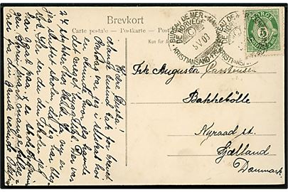 5 øre Posthorn på brevkort (Christiansand, Teknisk skole) annulleret med norsk sejlende bureaustempel Bureau de Mer de Norvege / C / Kristiansand-Frederikshavn d. 9.5.1908 til Nyraad, Danmark. 