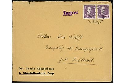 10 øre Chr. X (2) på fortrykt spejder-kuvert Det Danske Spejderkorps 1. Charlottenlund Trop annulleret København Omk. sn16 d. 26.7.1941 og sidestemplet violet Togpost til Lillerød. Slidt i kanten.