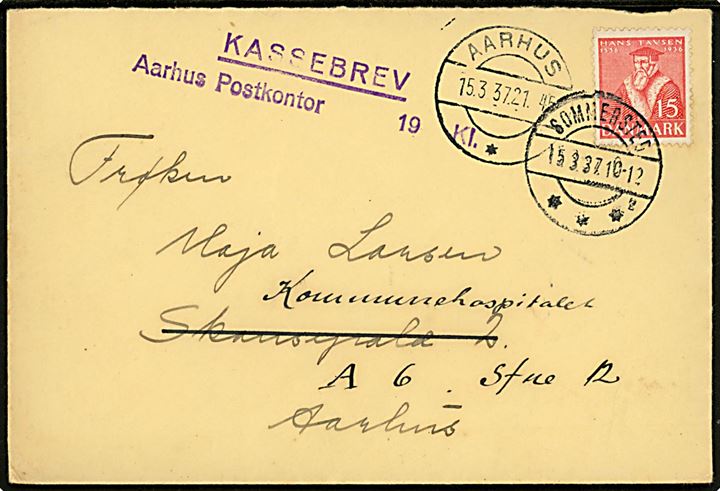 15 øre Tavsen på brev annulleret med brotype IIc Somemrsted sn2 d. 15.3.1937 til Aarhus - omadresseret lokalt med stempel Kassebrev / Aarhus Postkontor.