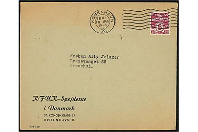 5 øre Bølgelinie single på fortrykt kuvert fra KFUK-Spejderne i Danmark sendt lokalt i København d. 10.3.1945 til Brønshøj.