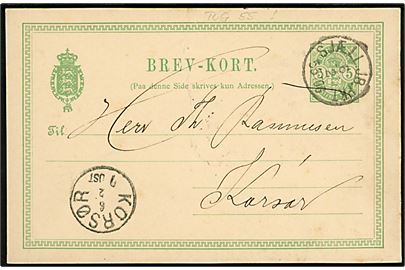 5 øre Våben helsagsbrevkort fra Borup annulleret med lapidar bureaustempel Sjæll. JB. PKT. 55 Tog d. 6.2.1893 til Korsør. 