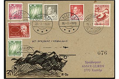 Ib Eichner-Larsen: Håndtegnet postkort KT-Spejdere i Grønland med forsk. udg. annulleret Igaliko, Julianehåb, Narssaq og Qagssiarssuk pr. Julianehåb i sommeren 1970 til Ama'r-Lejren, Kastrup. På bagsiden ank.stemplet med spejder stempel: Kastrup Frimærker + Ama'r Lejren d. 5.9.1970.