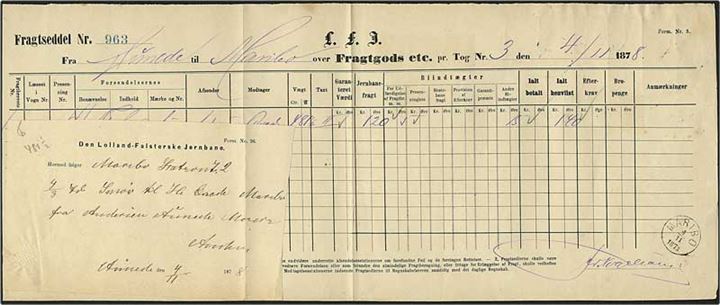 5 øre tyrkis (8) og 1 kr. rød banemærker fra Den Lolland-Falsterske Jernbane på komplet fragtseddel, Annulleret med lapidar VI stempel Maribo d. 4.11.1878. Sjældent.