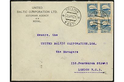 2,50 mk. Tallinn skyline i utakket fireblok på fortrykt kuvert fra United Baltic Corporation Ltd. i Tallinn d. 26.7.1921 til London, England.