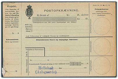 Postopkrævning - Form. Nr. 112 A (1/5 14) med stempel: Hellebæk / (Aalsgaarde). Ubrugt, har været opklæbet.