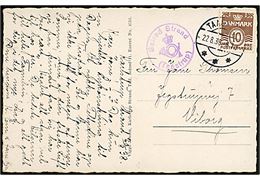10 øre Bølgelinie på brevkort (Karlstrup Strand) annulleret Taastrup d. 22.8.1938 og sidestemplet med posthornstempel Solrød Strand (Taastrup) til Viborg.