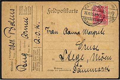 10 pfg. Germania på frankeret feltpostkort annulleret K. D. Feldpostexp. Oberkommandos d. Bugarmee d. 26.10.1915 til Stege, Danmark.
