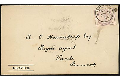 2½d Victoria single på fortrykt kuvert fra Secretary of Lloyds i London d. 22.12.1884 til Varde, Danmark. 
