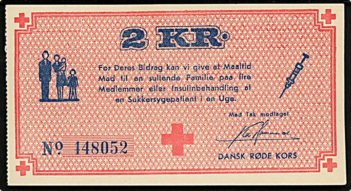 2 kr. Dansk Røde Kors bidrags bevis fra indsamling.