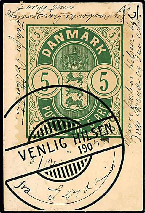 Frimærke-hilsen med 5 øre Våbentype. Frankeret med 10 øre Chr. IX og Julemærke 1905 fra Kjøbenhavn d. 6.12.1905 til USA.