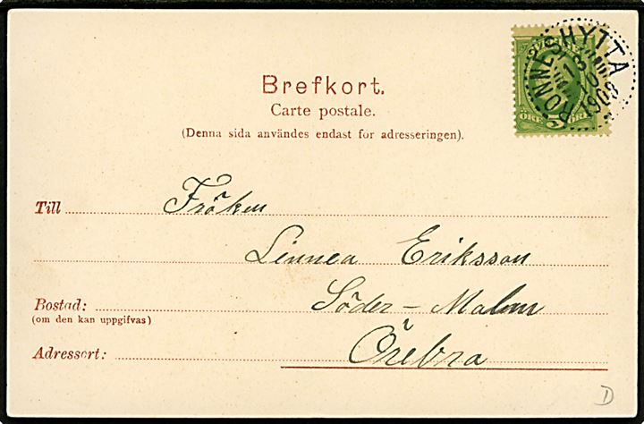 Helsingborg, havneparti og pige i nationaldragt. Frankeret med 5 öre Oscar II annulleret Rönneshytta d. 13.10.1908 til Örebro.