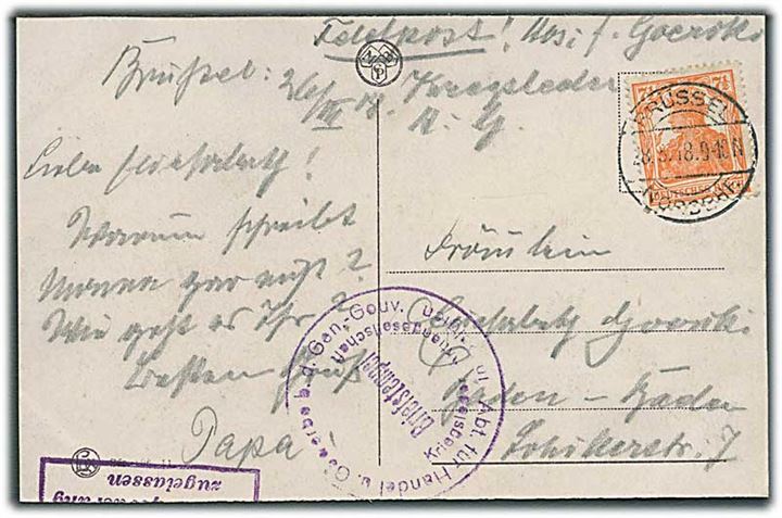Tysk post i Belgien. 7½ pfg. Germania benyttet på brevkort i Belgien stemplet Brüssel d. 28.8.1918 til Baden-Baden, Tyskland.