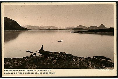 Grønland, Fjordlandskab ved Ungorsivik. Foto Th. N. Krabbe. Egmont H. Petersen med dansk/fransk tekst.