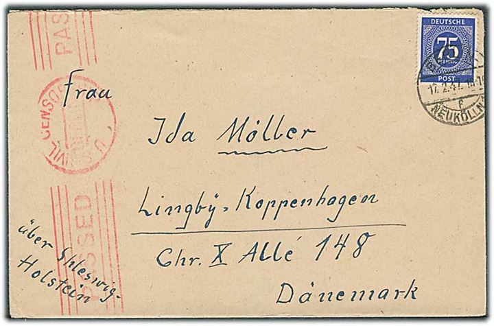 75 pfg. Ciffer single på brev fra Berlin d. 17.2.1947 til Lyngby, Danmark. Amerikansk efterkrigscensur i Berlin.