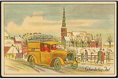 Købh., Postbil i sne med Vor Frelser Kirke. Ukendt tegner. Alex Vincents Kunstforlag serie 944.