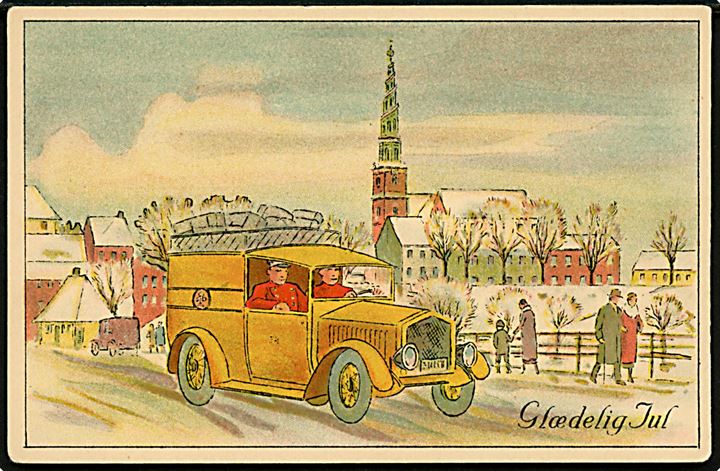 Købh., Postbil i sne med Vor Frelser Kirke. Ukendt tegner. Alex Vincents Kunstforlag serie 944.