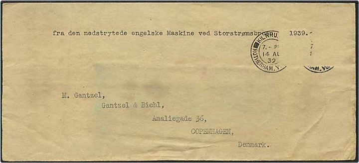 1939 brev fra England d. 14.8.1939 til København. Brevet har været ombord i den engelske flyvemaskine der forulykkede ved Storstrømsbroen (påskrevet), og mangler derfor også frimærker.