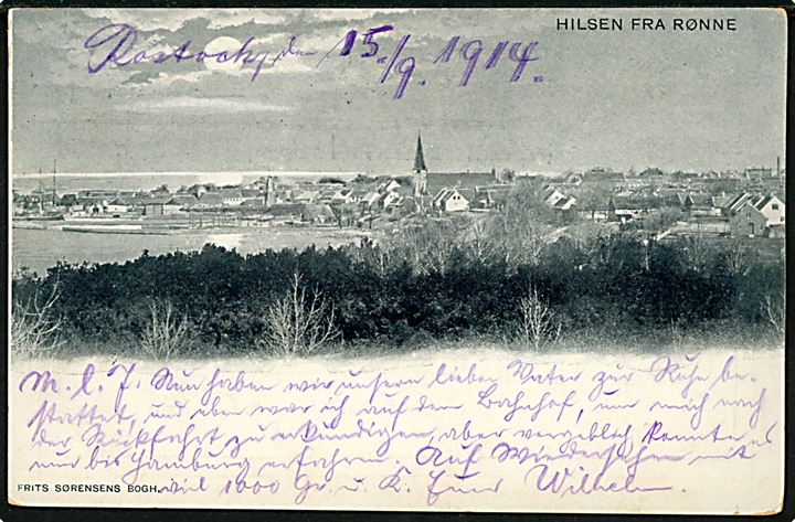 Hilsen fra Rønne. Frits Sørensen Boghandel u/no. Anvendt 1914 i Rostock. 