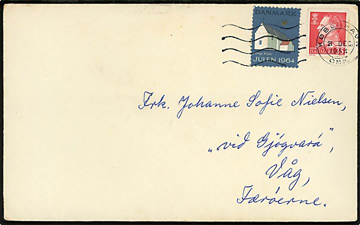 35 øre Fr. IX og Julemærke 1964 på brev fra København d. 21.12.1964 til Våg på Færøerne.