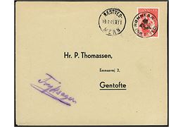 20+5 øre Børneforsorg på filatelistisk tryksag annulleret med sort posthornstempel RØNNEBÆK (Næstved) og sidestemplet bureau Næstved - Mern T.11 d. 19.2.1945 til P. Thomassen, Gentofte.