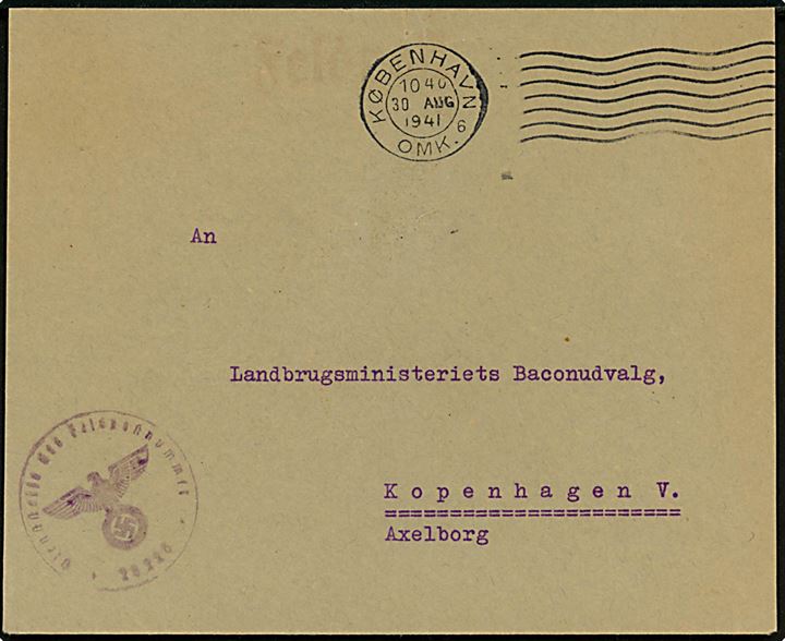 Ufrankeret tysk feltpostbrev sendt lokalt i København d. 30.8.1941. Briefstempel og afs. fra Feldpost-nr. 28226 = Verpflegungsamt 218 tilknyttet 218. Infanterie Division i Danmark.