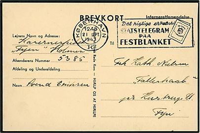 Ufrankeret fortrykt Interneretforsendelse / Portofrit brevkort stemplet København d. 21.9.1943 til Kustrup på Fyn. Sendt fra interneret marinesoldat ombord på kaserneskibet Fyen på Holmen. 