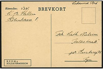 Ufrankeret interneret brevkort dateret København d. 27.9.1943 til Kustrup på Fyn. Sendt fra interneret marinesoldat overflyttet fra Kaserneskibet Fyen på Holmen til internering i KB-Hallen. Uden poststempel. 