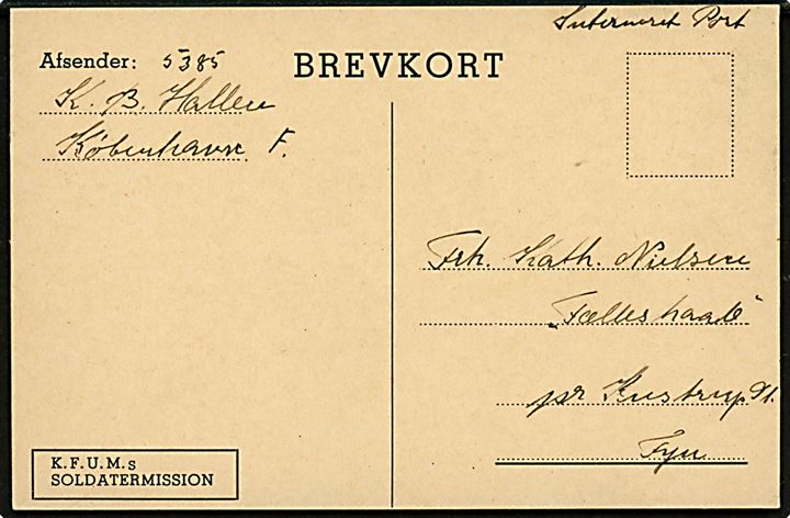 Ufrankeret interneret brevkort dateret København d. 27.9.1943 til Kustrup på Fyn. Sendt fra interneret marinesoldat overflyttet fra Kaserneskibet Fyen på Holmen til internering i KB-Hallen. Uden poststempel. 