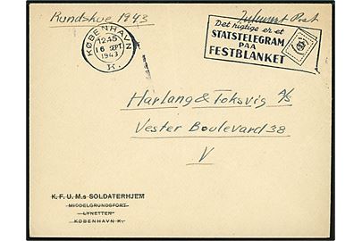 Ufrankeret fortrykt kuvert fra K.F.U.M.s Soldaterhjem, Middelgrundfortet, Lynetten sendt som interneret post i København d. 16.9.1943. 