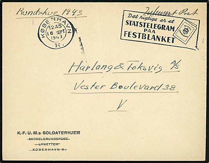 Ufrankeret fortrykt kuvert fra K.F.U.M.s Soldaterhjem, Middelgrundfortet, Lynetten sendt som interneret post i København d. 16.9.1943. 