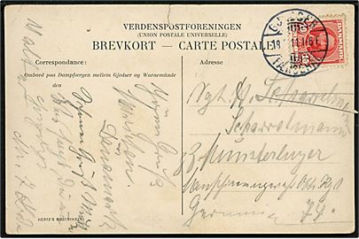 5 øre Fr. VIII på brevkort (DSB dampfærge på Gjedser-Warnemünde overfarten) annulleret med brotype Ia skibsstempel Gjedser Færgehal d. 18.?.1911 til Tyskland. Stempel benyttet 1909-1914.